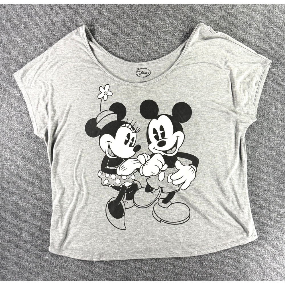 Disney Mickey Minnie Mouse Graphic T-Shirt Gray Scoop Neck Womens 2X Plus Size